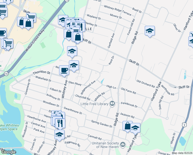 map of restaurants, bars, coffee shops, grocery stores, and more near 176 Ridgewood Avenue in North Haven