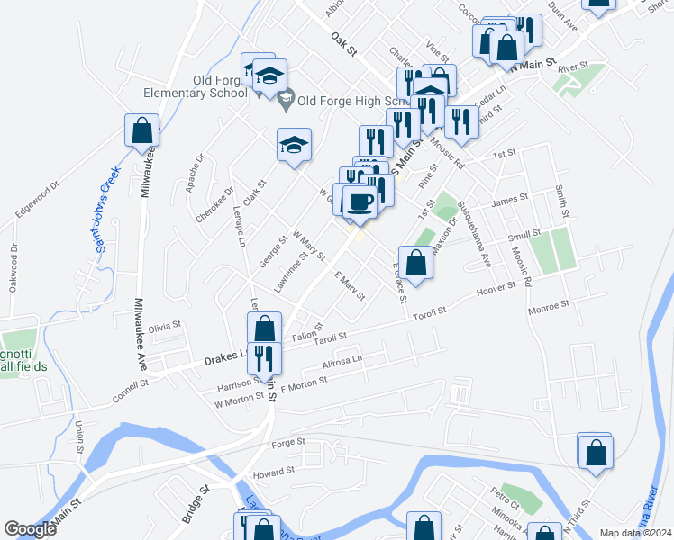 map of restaurants, bars, coffee shops, grocery stores, and more near 620 South Main Street in Old Forge