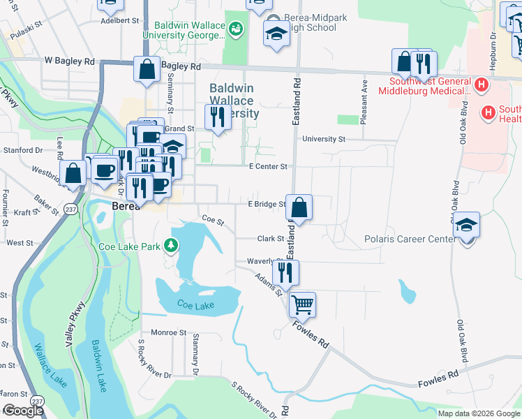 map of restaurants, bars, coffee shops, grocery stores, and more near 216 E Bridge St in Berea