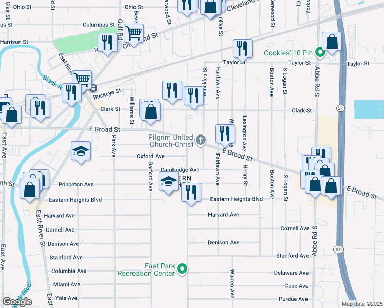 map of restaurants, bars, coffee shops, grocery stores, and more near 459 Oxford Avenue in Elyria