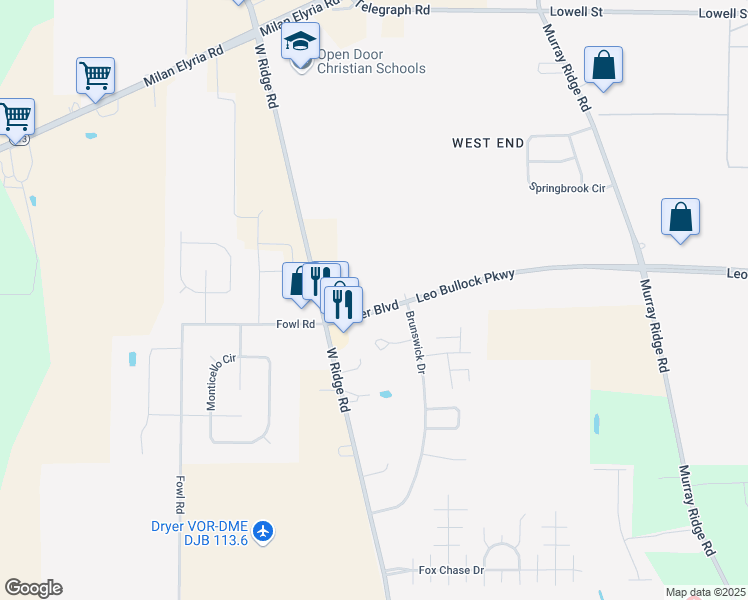 map of restaurants, bars, coffee shops, grocery stores, and more near 1866 Turner Boulevard in Elyria