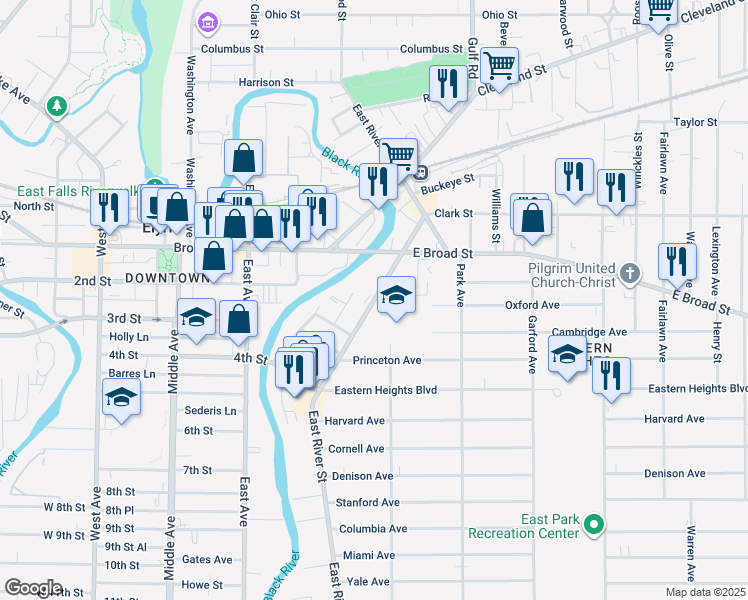 map of restaurants, bars, coffee shops, grocery stores, and more near 650 East River Street in Elyria