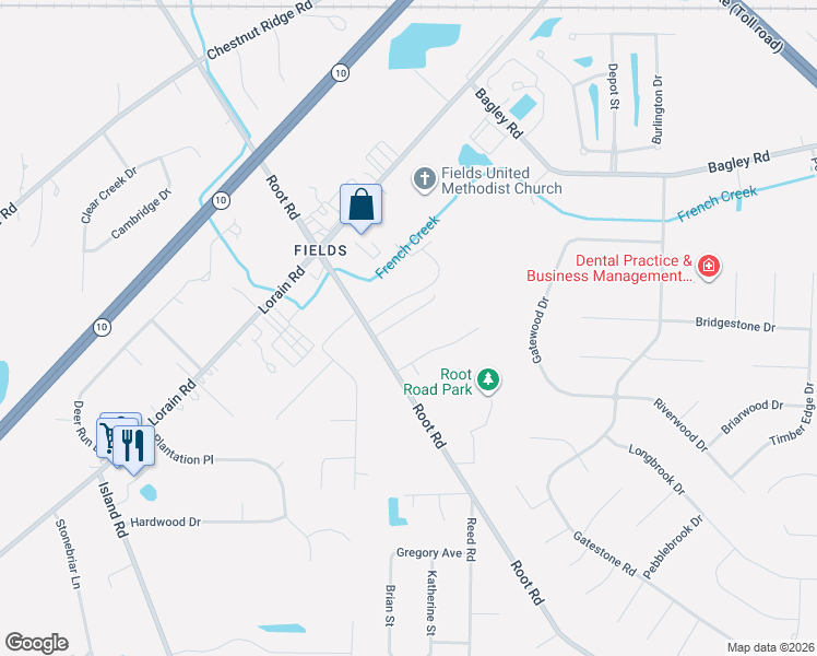 map of restaurants, bars, coffee shops, grocery stores, and more near 8715 Root Road in North Ridgeville