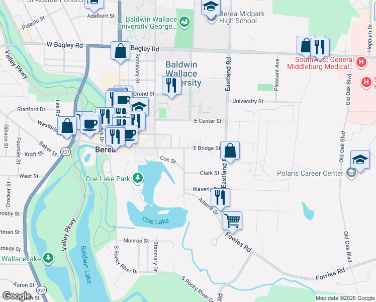 map of restaurants, bars, coffee shops, grocery stores, and more near 25 Adams Street in Berea