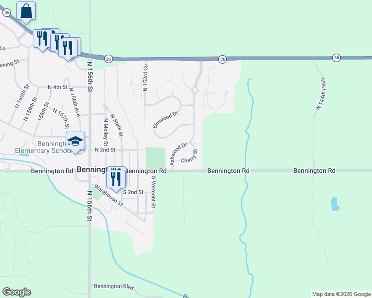 map of restaurants, bars, coffee shops, grocery stores, and more near 15030 Cherry Street in Bennington