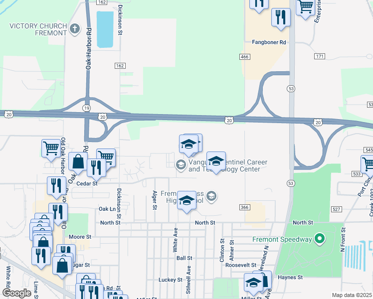 map of restaurants, bars, coffee shops, grocery stores, and more near 1220 Cedar Street in Fremont