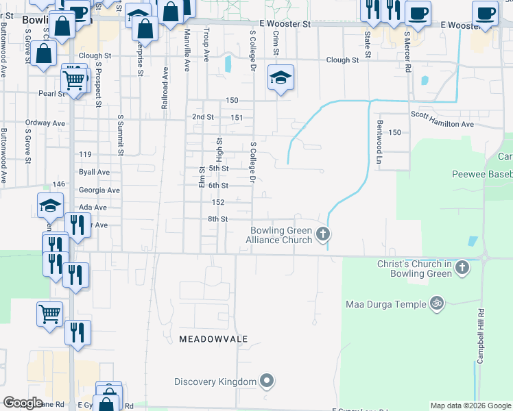 map of restaurants, bars, coffee shops, grocery stores, and more near 911 Mourning Dove Lane in Bowling Green