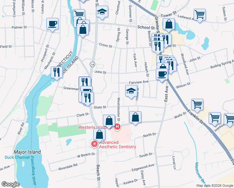 map of restaurants, bars, coffee shops, grocery stores, and more near 61 Westminster Street in Westerly
