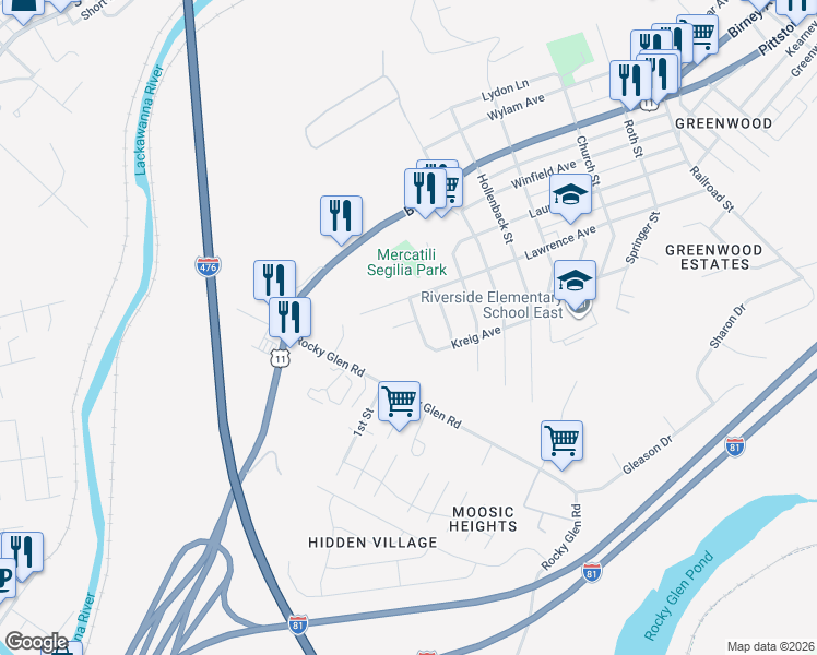 map of restaurants, bars, coffee shops, grocery stores, and more near 4107-4299 Kreig Ave in Moosic