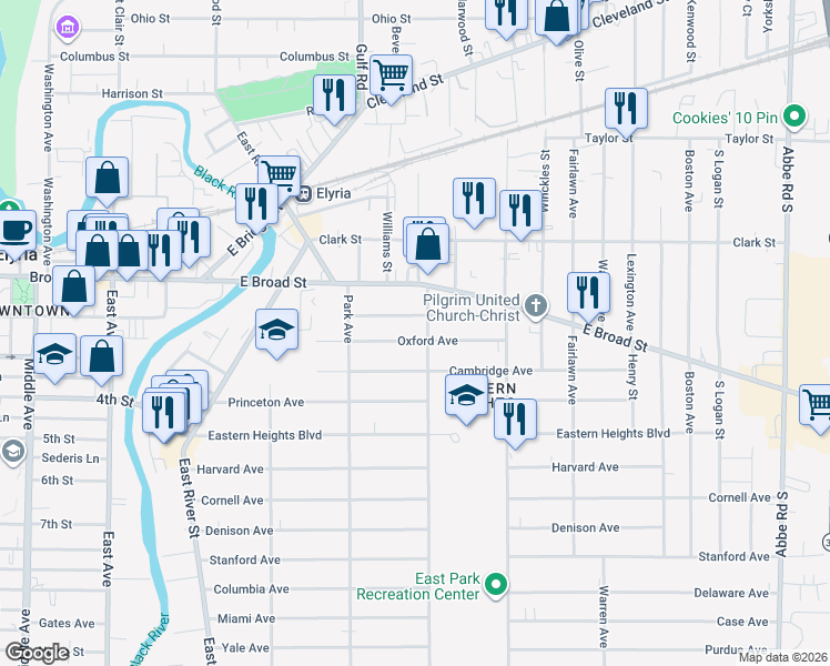 map of restaurants, bars, coffee shops, grocery stores, and more near 357 Oxford Avenue in Elyria
