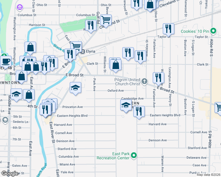 map of restaurants, bars, coffee shops, grocery stores, and more near 357 Oxford Avenue in Elyria