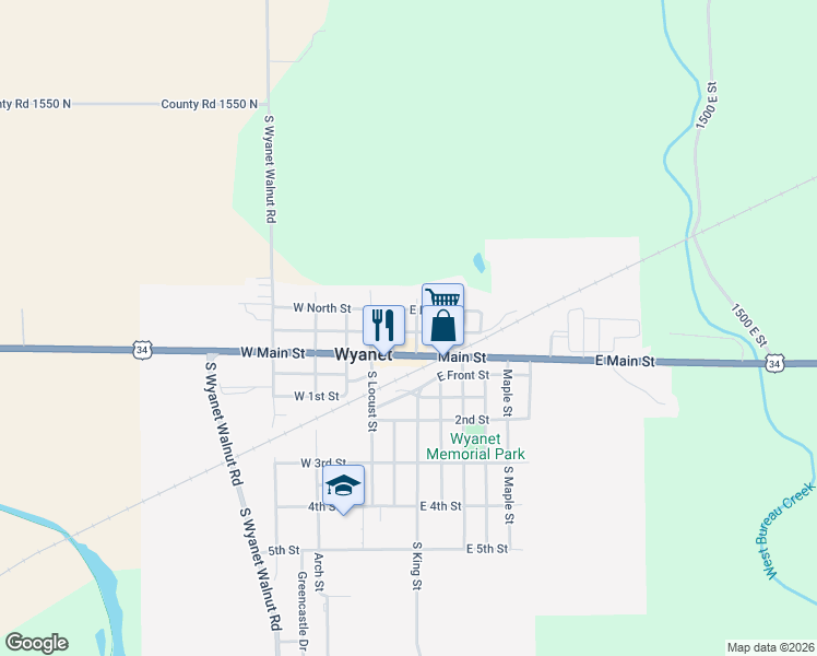 map of restaurants, bars, coffee shops, grocery stores, and more near Main St in Wyanet
