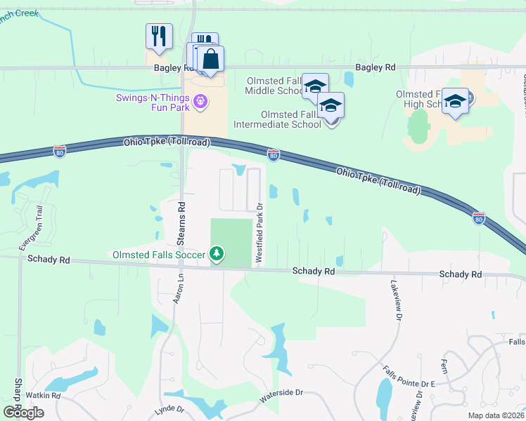 map of restaurants, bars, coffee shops, grocery stores, and more near 8593 Westfield Park Drive in Olmsted Falls