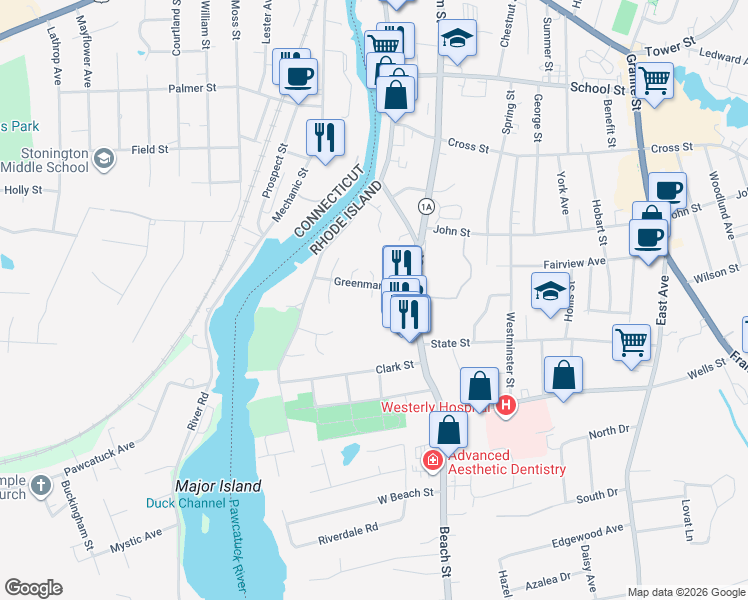 map of restaurants, bars, coffee shops, grocery stores, and more near 18 Greenman Avenue in Westerly
