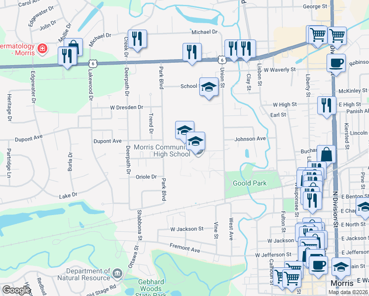 map of restaurants, bars, coffee shops, grocery stores, and more near 1002 Union Street in Morris