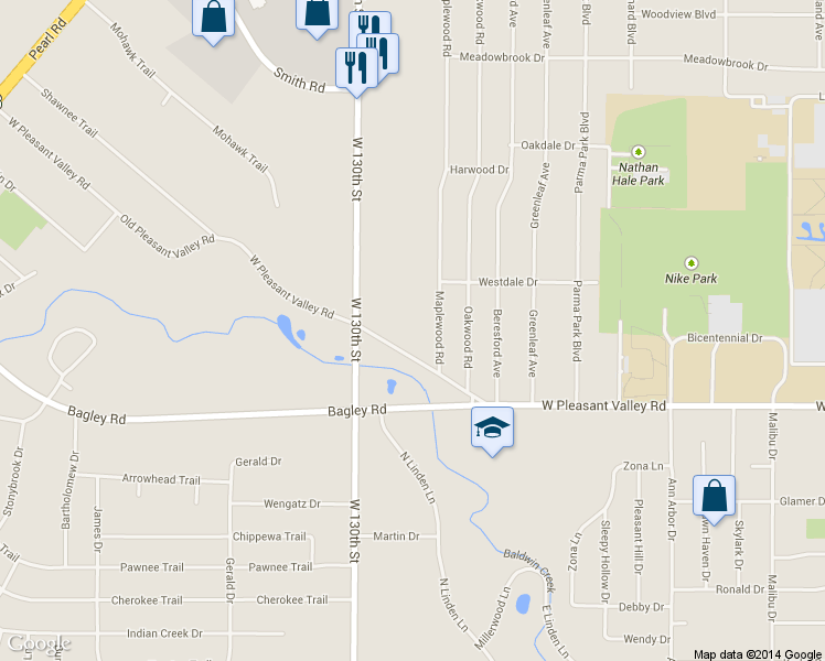 map of restaurants, bars, coffee shops, grocery stores, and more near 12958 West Pleasant Valley Road in Parma