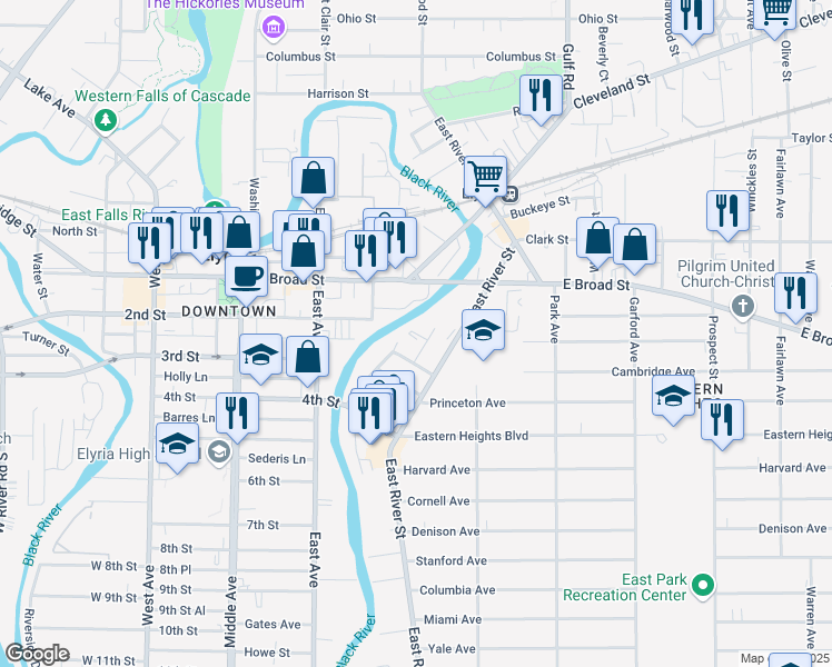 map of restaurants, bars, coffee shops, grocery stores, and more near 673 East River Street in Elyria