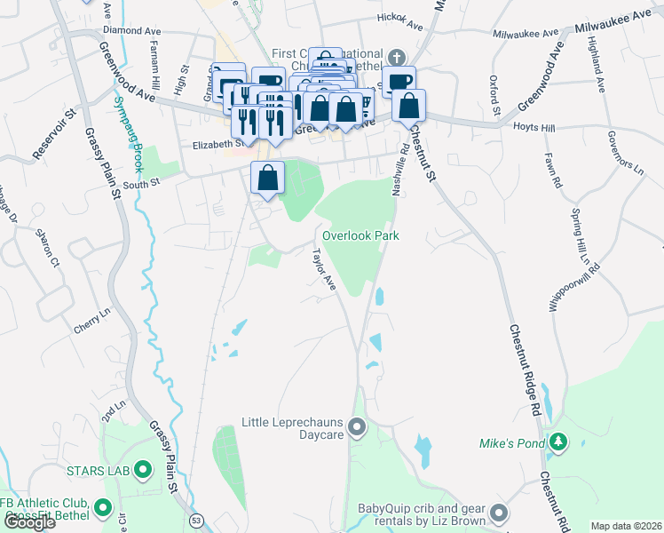 map of restaurants, bars, coffee shops, grocery stores, and more near 57 Taylor Avenue in Bethel
