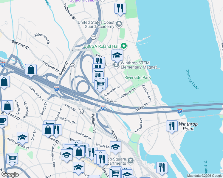 map of restaurants, bars, coffee shops, grocery stores, and more near 19 Rosemary Street in New London