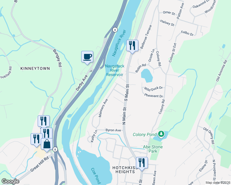 map of restaurants, bars, coffee shops, grocery stores, and more near 13 Hillside Avenue in Seymour