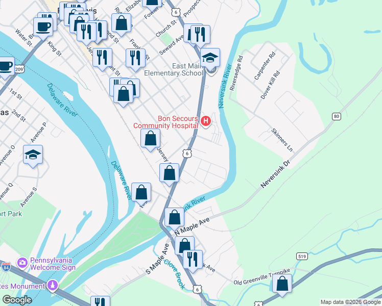 map of restaurants, bars, coffee shops, grocery stores, and more near 191 East Main Street in Port Jervis