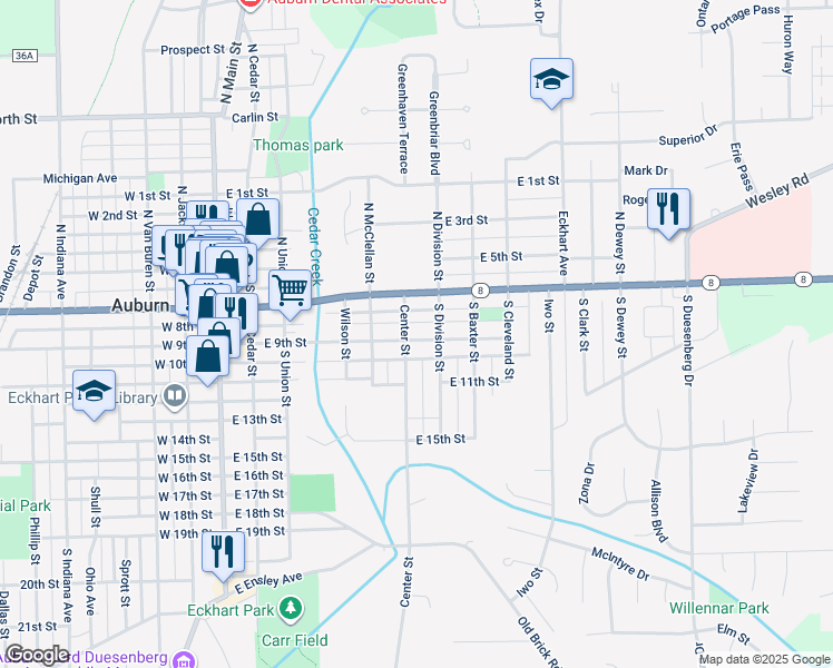 map of restaurants, bars, coffee shops, grocery stores, and more near 604 East 9th Street in Auburn