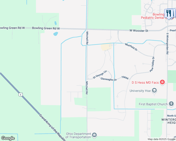 map of restaurants, bars, coffee shops, grocery stores, and more near 535 Mitchell Road in Bowling Green