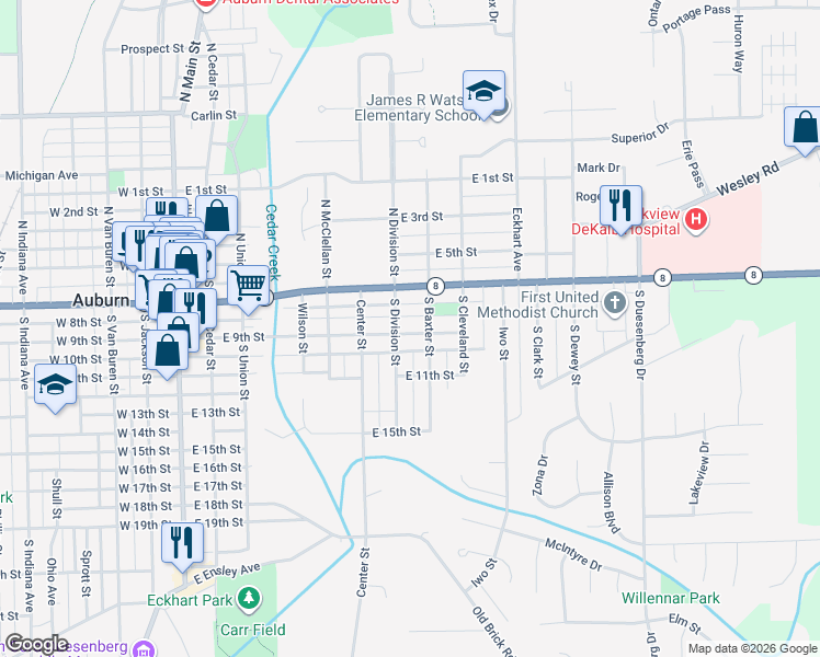 map of restaurants, bars, coffee shops, grocery stores, and more near 214 South Division Street in Auburn