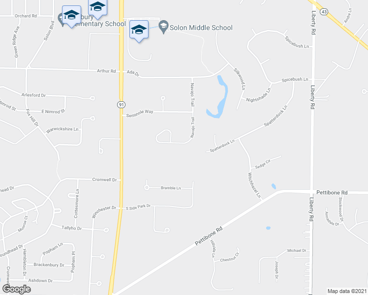 map of restaurants, bars, coffee shops, grocery stores, and more near 7039 Navajo Trail in Solon