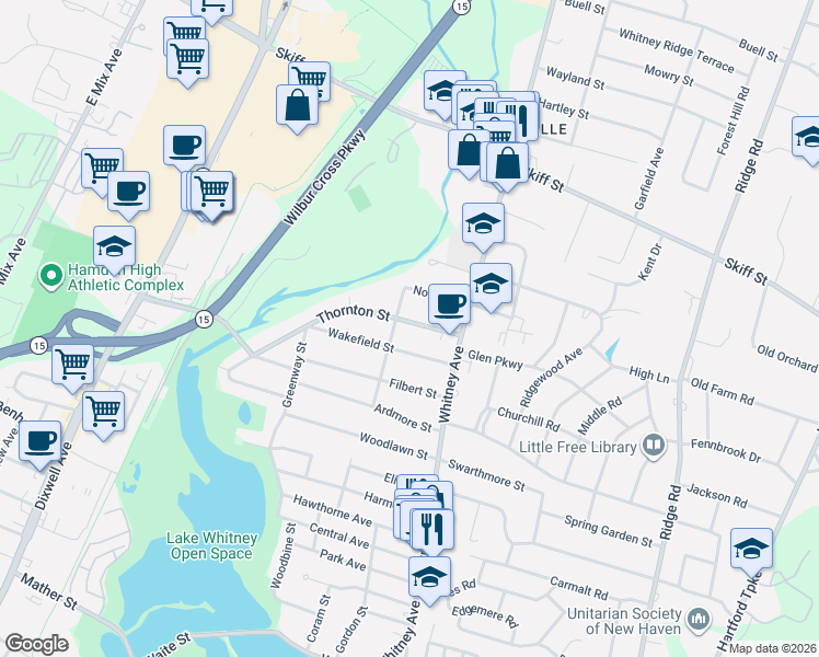 map of restaurants, bars, coffee shops, grocery stores, and more near 53 Wakefield Street in Hamden