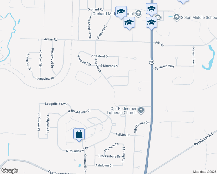 map of restaurants, bars, coffee shops, grocery stores, and more near 7152 Fox Hill Drive in Solon