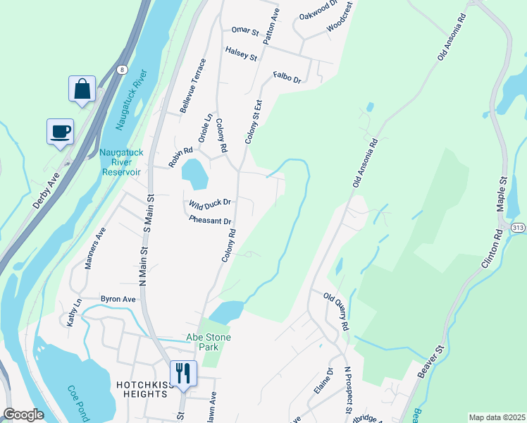 map of restaurants, bars, coffee shops, grocery stores, and more near 11A Jay Lane in Seymour
