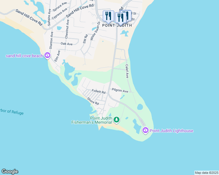 map of restaurants, bars, coffee shops, grocery stores, and more near 3 Follett Road in Narragansett