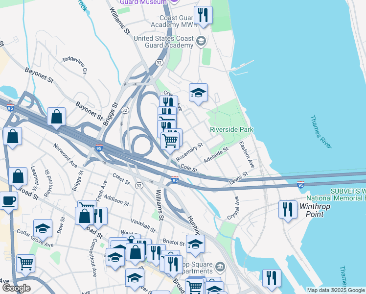 map of restaurants, bars, coffee shops, grocery stores, and more near 19 Rosemary Street in New London