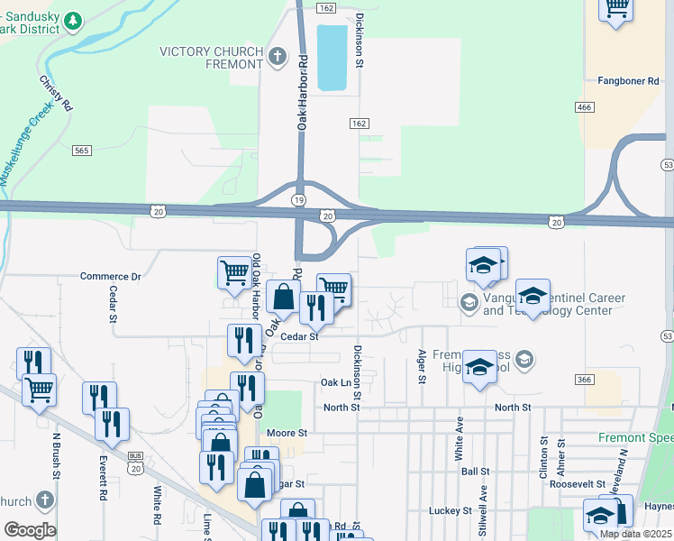 map of restaurants, bars, coffee shops, grocery stores, and more near Vanguard Pl in Fremont