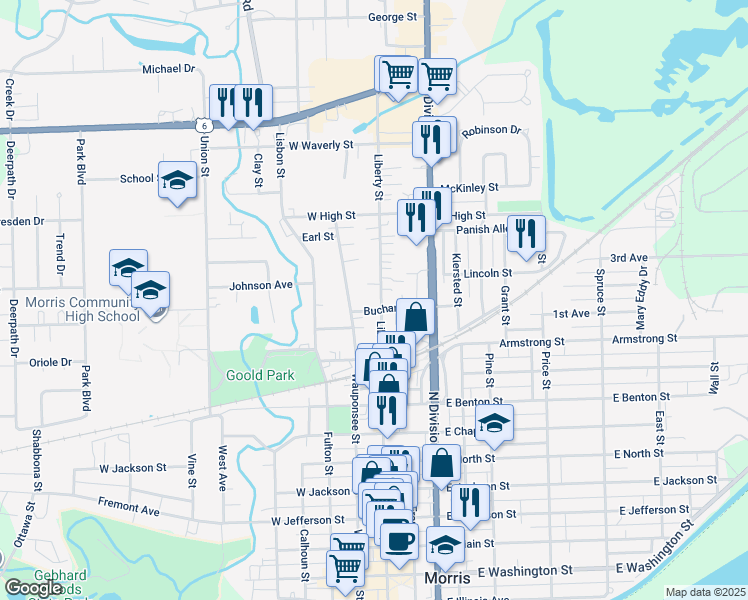 map of restaurants, bars, coffee shops, grocery stores, and more near 1019 Wauponsee Street in Morris