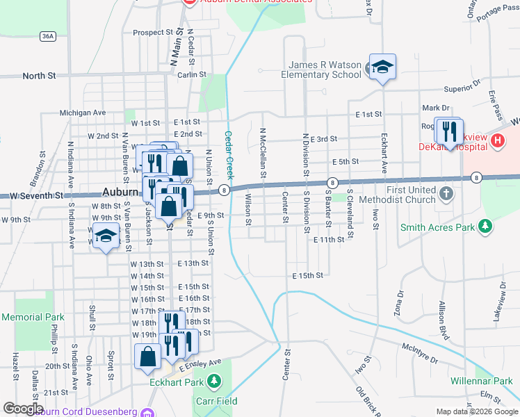 map of restaurants, bars, coffee shops, grocery stores, and more near 201-219 S McClellan St in Auburn