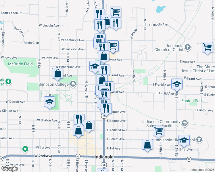 map of restaurants, bars, coffee shops, grocery stores, and more near 700 North Jefferson Way in Indianola
