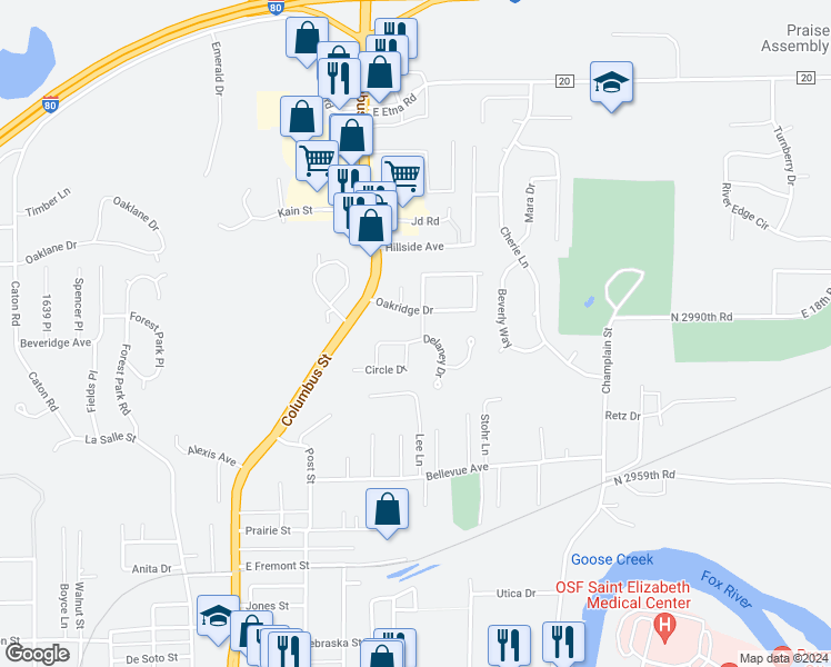map of restaurants, bars, coffee shops, grocery stores, and more near 2417 Circle Drive in Ottawa