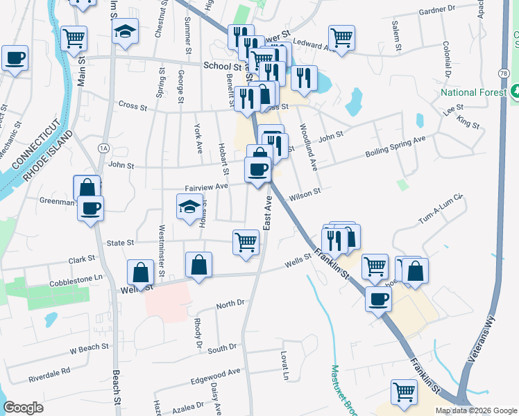 map of restaurants, bars, coffee shops, grocery stores, and more near 9 East Avenue in Westerly