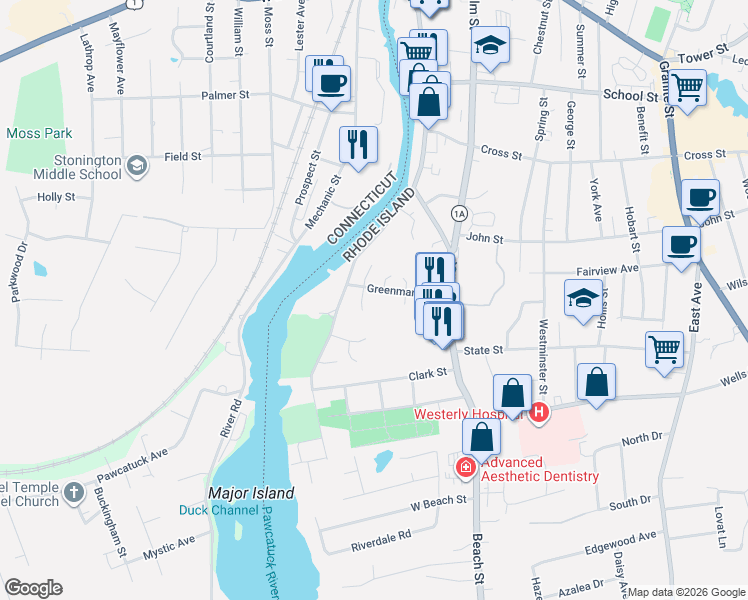 map of restaurants, bars, coffee shops, grocery stores, and more near 31 Greenman Avenue in Westerly