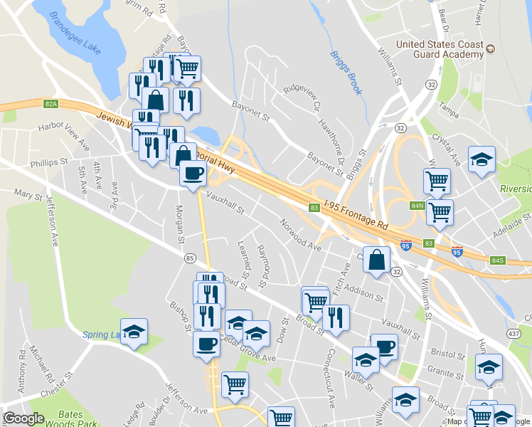 map of restaurants, bars, coffee shops, grocery stores, and more near 133 Norwood Avenue in New London