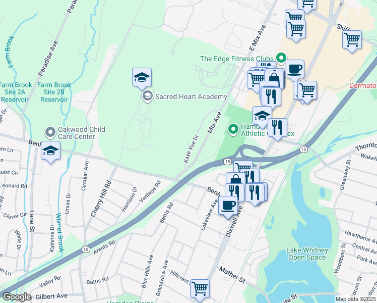 map of restaurants, bars, coffee shops, grocery stores, and more near 75 Kaye Vue Drive in Hamden