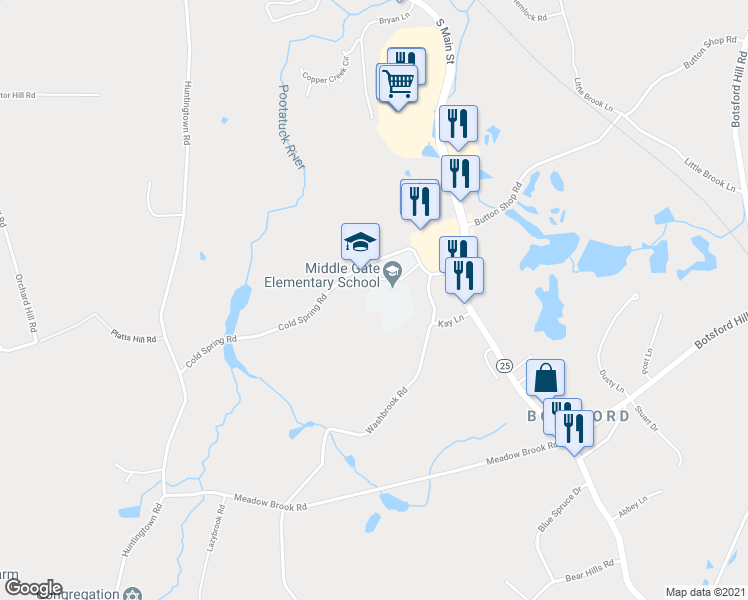 map of restaurants, bars, coffee shops, grocery stores, and more near 7 Cold Spring Road in Newtown
