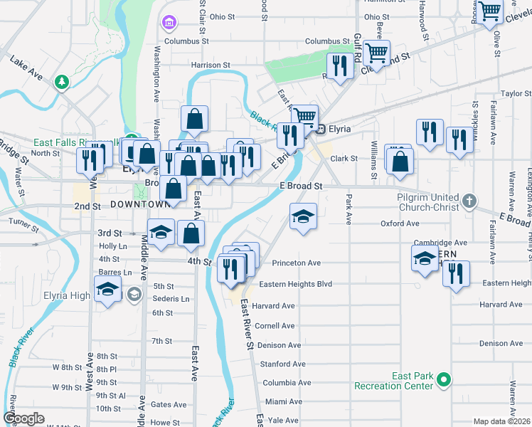map of restaurants, bars, coffee shops, grocery stores, and more near 70 Broad Street in Elyria