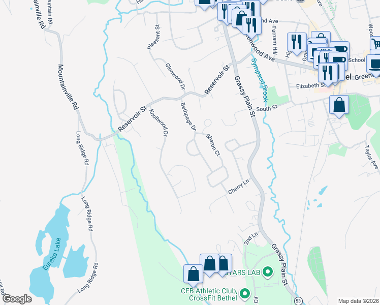 map of restaurants, bars, coffee shops, grocery stores, and more near 32 Bethpage Drive in Bethel