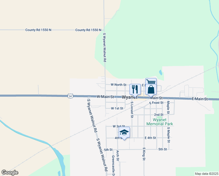 map of restaurants, bars, coffee shops, grocery stores, and more near 216 West North Street in Wyanet