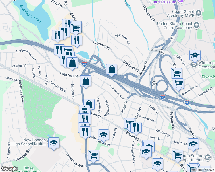 map of restaurants, bars, coffee shops, grocery stores, and more near 133 Norwood Avenue in New London