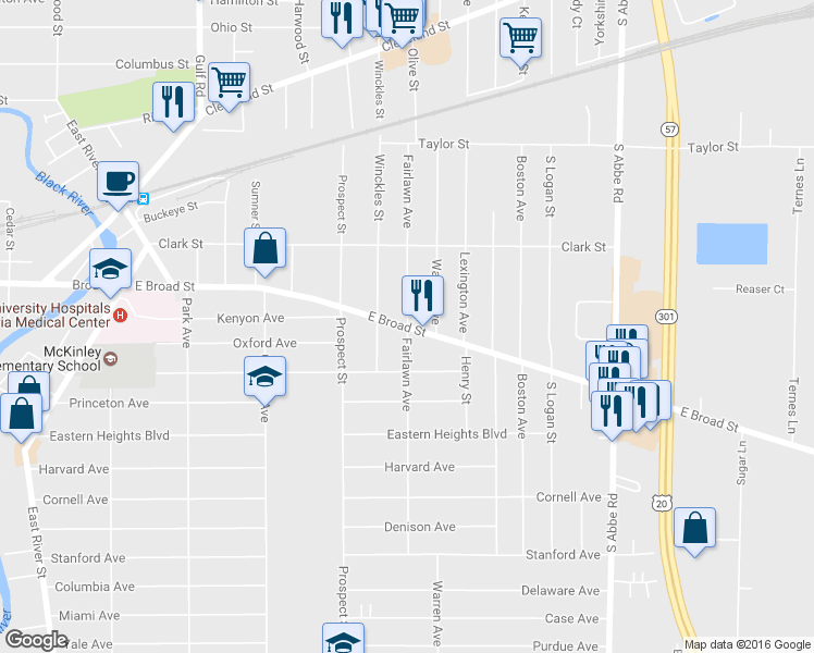 map of restaurants, bars, coffee shops, grocery stores, and more near 598 East Broad Street in Elyria