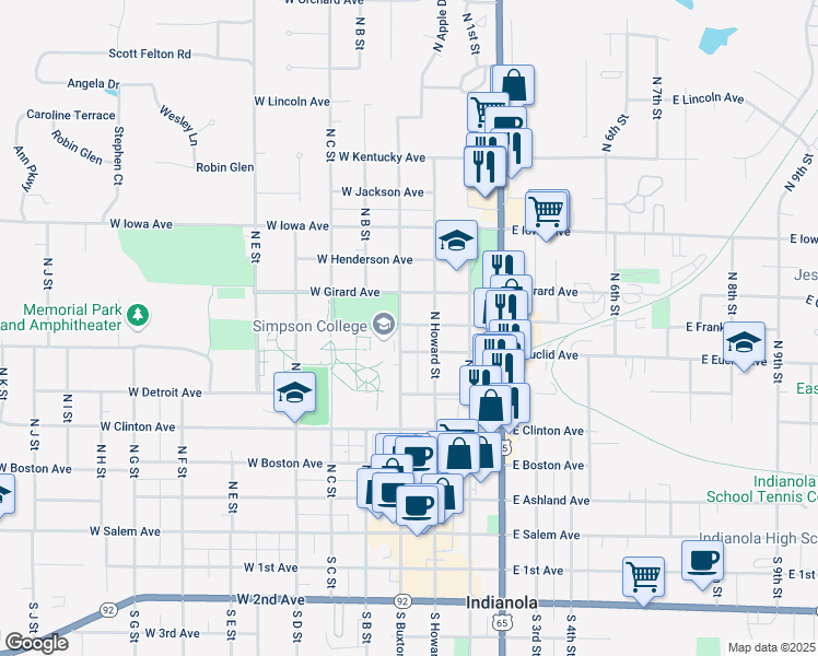 map of restaurants, bars, coffee shops, grocery stores, and more near 705 North Buxton Street in Indianola